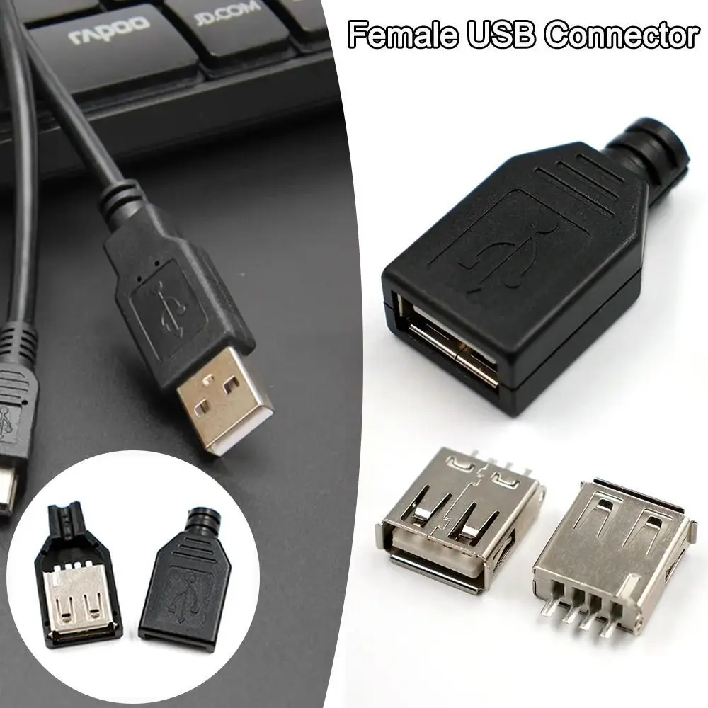 Female USB Connector 4 Pin Plug USB Socket With Black Plastic Cover DIY PCB SDA Data Cable Line Practical Electrical Supplies