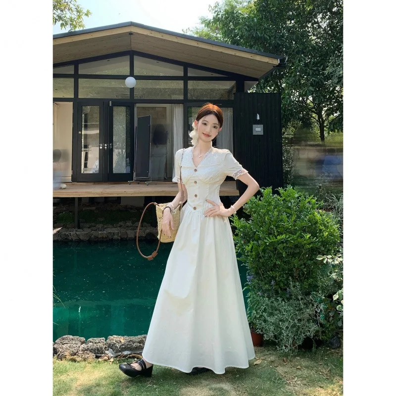 

Gentle Lace Splicing Short-sleeved Dress 2025 Summer New A-shaped Long Dress Women