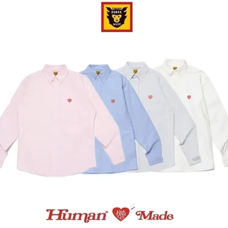 Human Made Style 25AW Striped Oxford Heart Embroidered Long Sleeve Shirt Unisex Casual Men Women