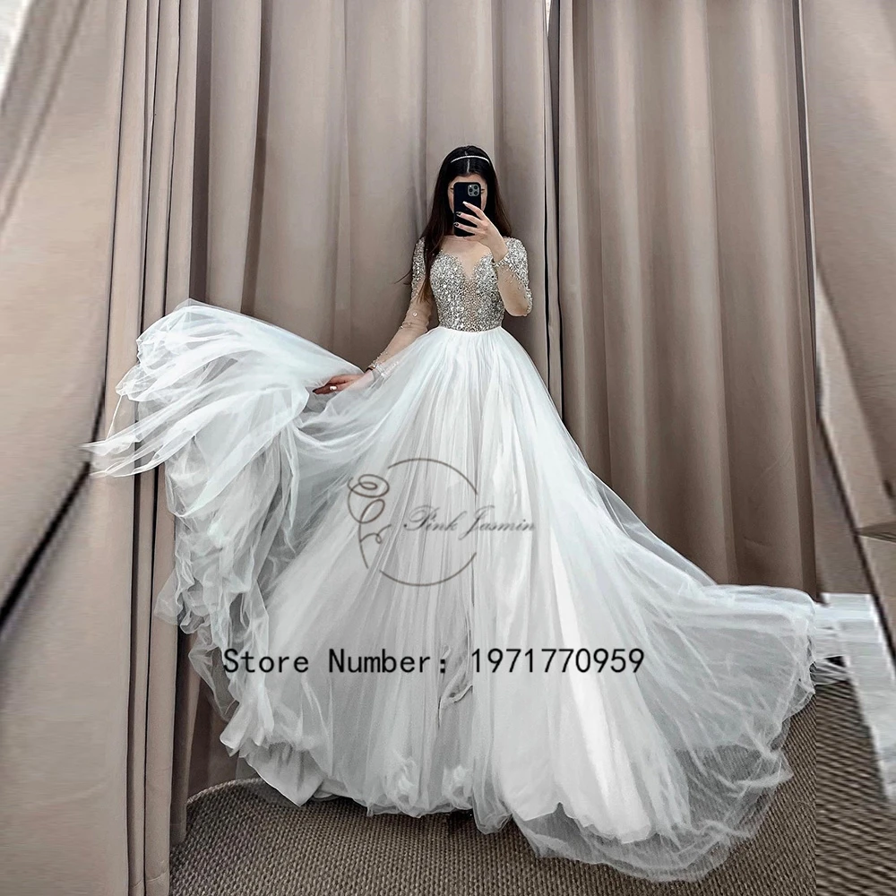 

O Neck Gorgeous Glitter White Wedding Dresses For Women Fashion Simple Full Sleeves Court Train Bridal Gowns Robe De Mariée