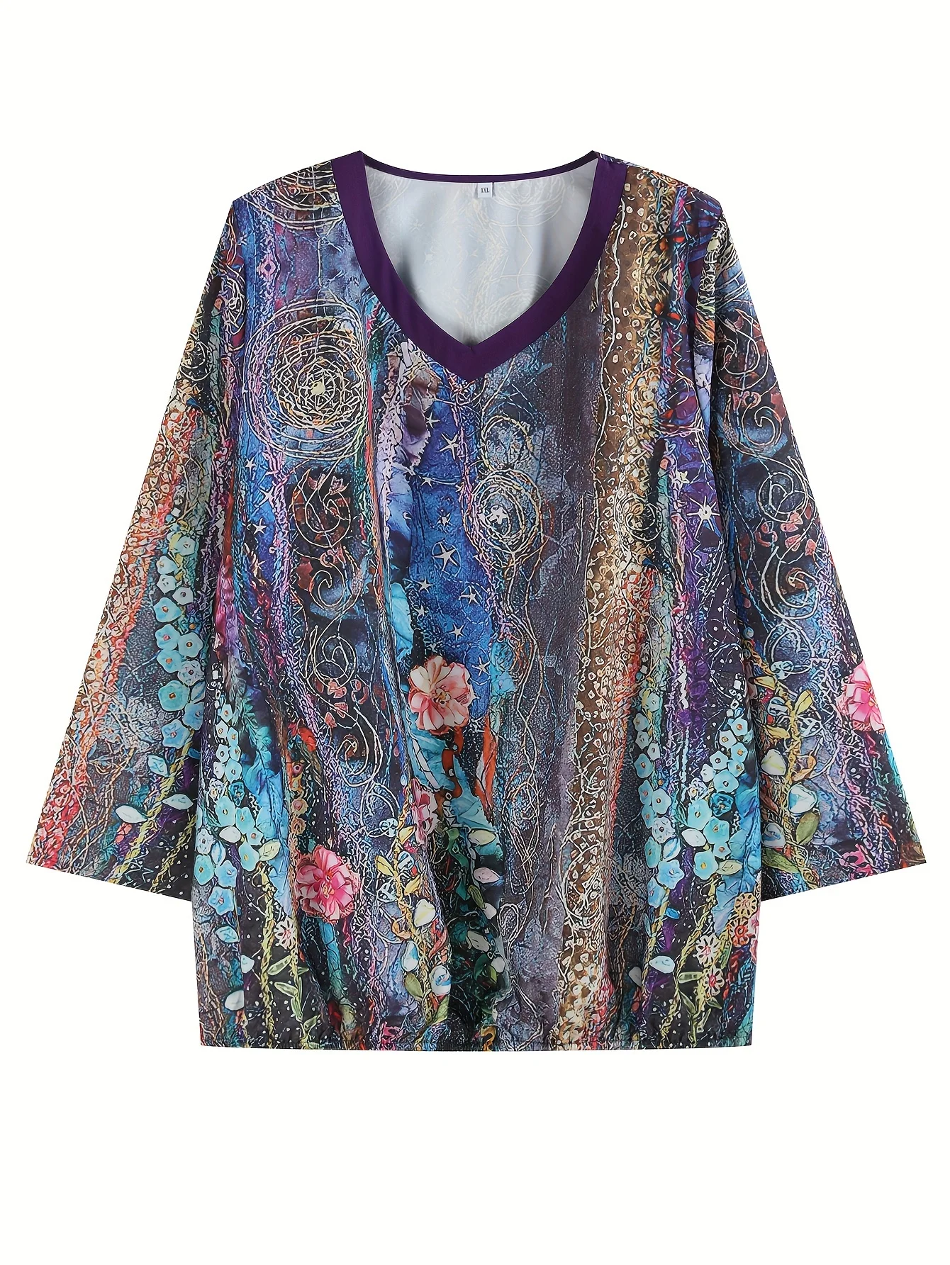 Plus Size Casual Top, Women\'s Plus Floral Print Long Sleeve V Neck Loose Tunic Top