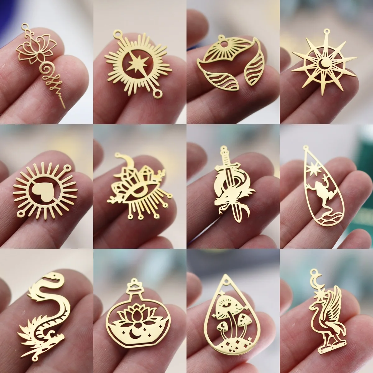 3pcs Top Sell DIY Amulets Charms Fishtail Wave/Heart/Moon/Sun/Dragon/Lotus/Star/Mushroom Stainless Steel Jewelry Making Pendant