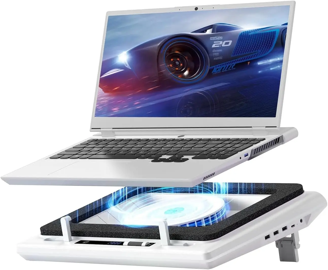 

5.5" Turbofan Laptop Cooling Pad for 15-19" Gaming Laptops, Adjustable Speed, Touch Control, USB Hub, Mousepad, White