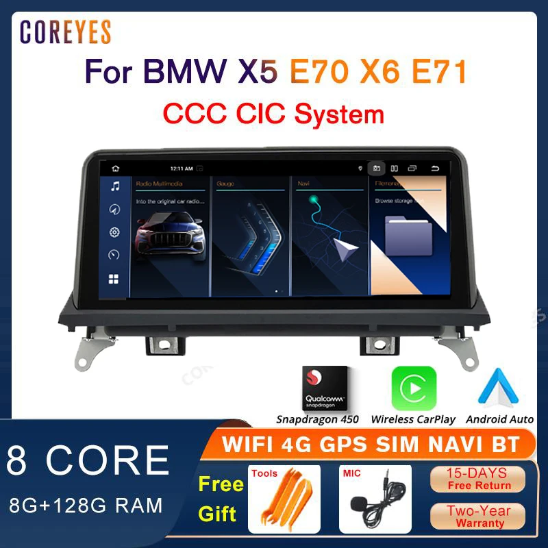 

COREYES 10.25" Carplay Car Radio For BMW X5 E70 2007-2013 CCC CIC System Multimedia Player Display Screen BT Snapdragon S665