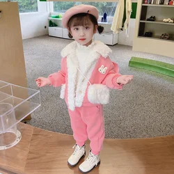 Children Winter Clothing Sets for Baby Girls Coats Pants Cartoon Rabbit Kids Clothes Outfits Thickened Plush Infant Tracksuits