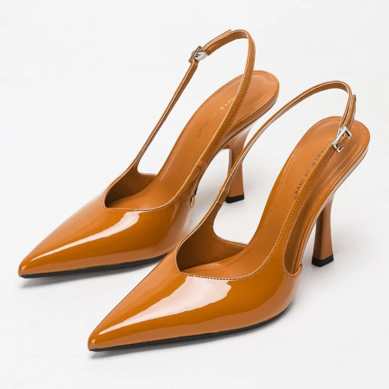 

Sexy Patent Leather Pointed Toe High Heels Women Buckle Elegant Slingback Office Shoes Concise Fashion Fine High Women Sandals