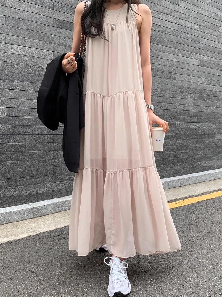 Chique verão doce personalidade em torno do pescoço emenda camadas solto casual longo chiffon colete vestido estilo coreano c...