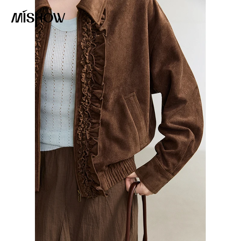 MISHOW Women's Winter Jacket Korean Style Faux Suede Ruffled Cropped Jacket 2026 Autumn Petite Daily Commuter Clothes MXF45W1103