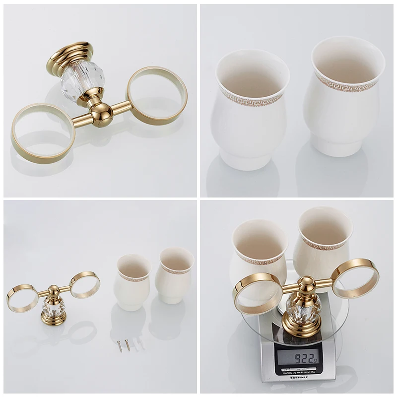 Gold Finish Crystal Decoration Metal Bathroom Accessories Set Robe Hook Cup Brush Holder Towel Holders Soap Dish Paper Rack ML70