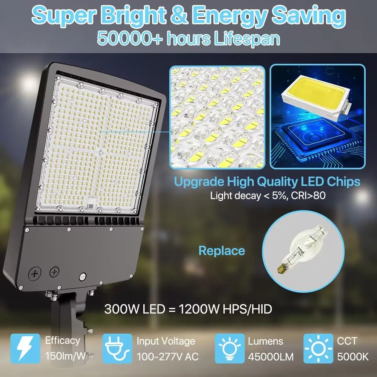 300W Parking Lot Lighting, 2Pack 45000LM 5000K Shoebox Light with Photocell, Street Pole Light with Slip Fitter Mount