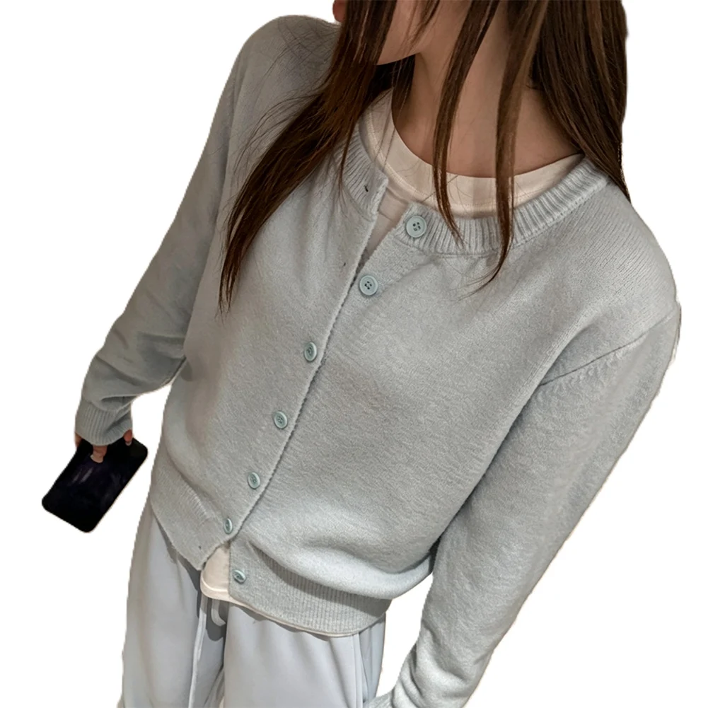 Womens For Slim Fit Solid Color Knit Cardigan Coat Round Neck Polyester Regular Length Fashion Layering Outerwear