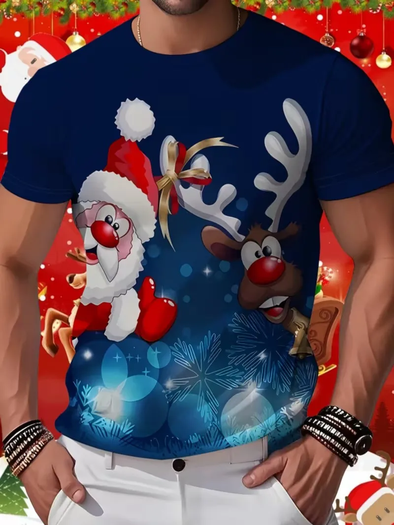 Christmas Eve hot 3D printed T-shirt, fashionable short sleeved casual European and American round neck men's pullover top
