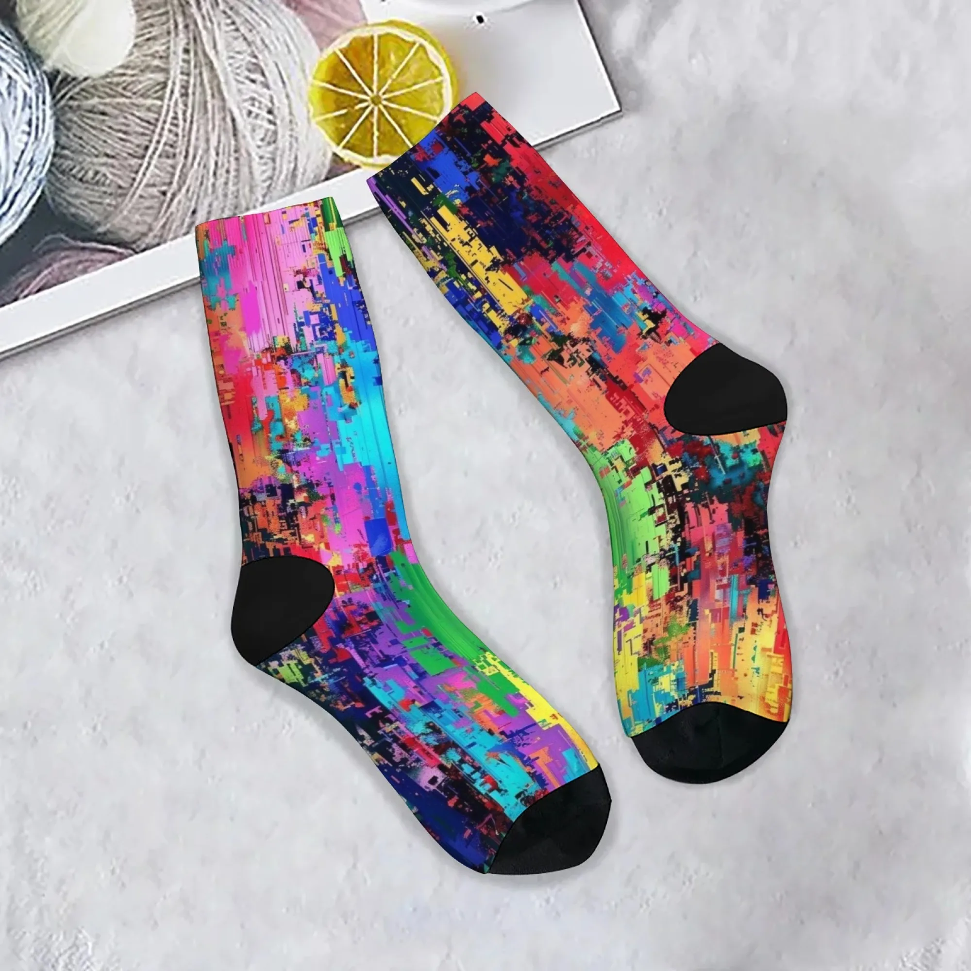 Colorful Pixel Abstract Art Socks Novelty Funny Happy Men's Socks Retro Street Fashion Casual Hip-Hop Socks Crazy Party Gift