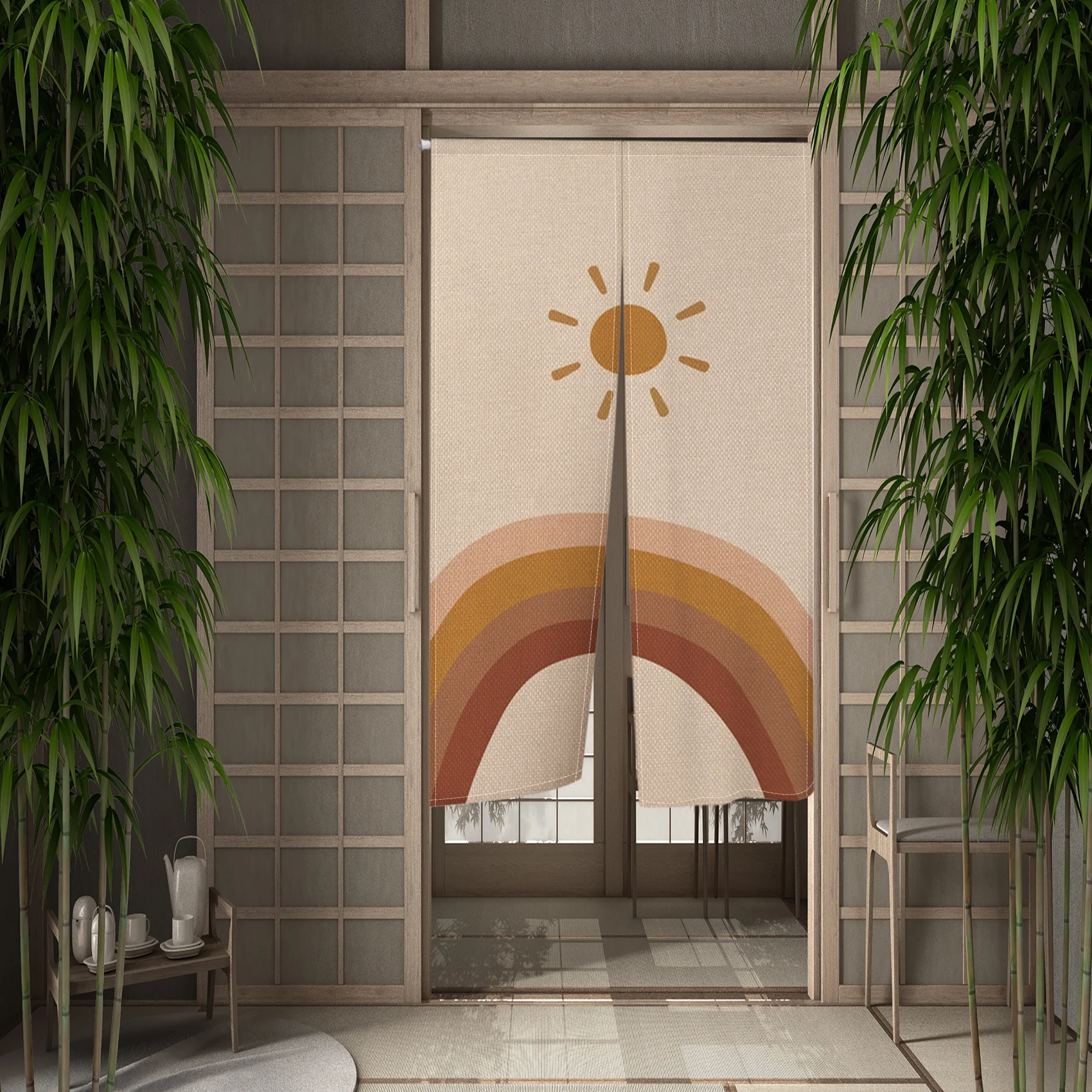 Boho Style Noren Door Curtains Sun Rainbow Abstract Geometric Pattern Linen Doorway Curtain Kitchen Entrance Split Half Curtains