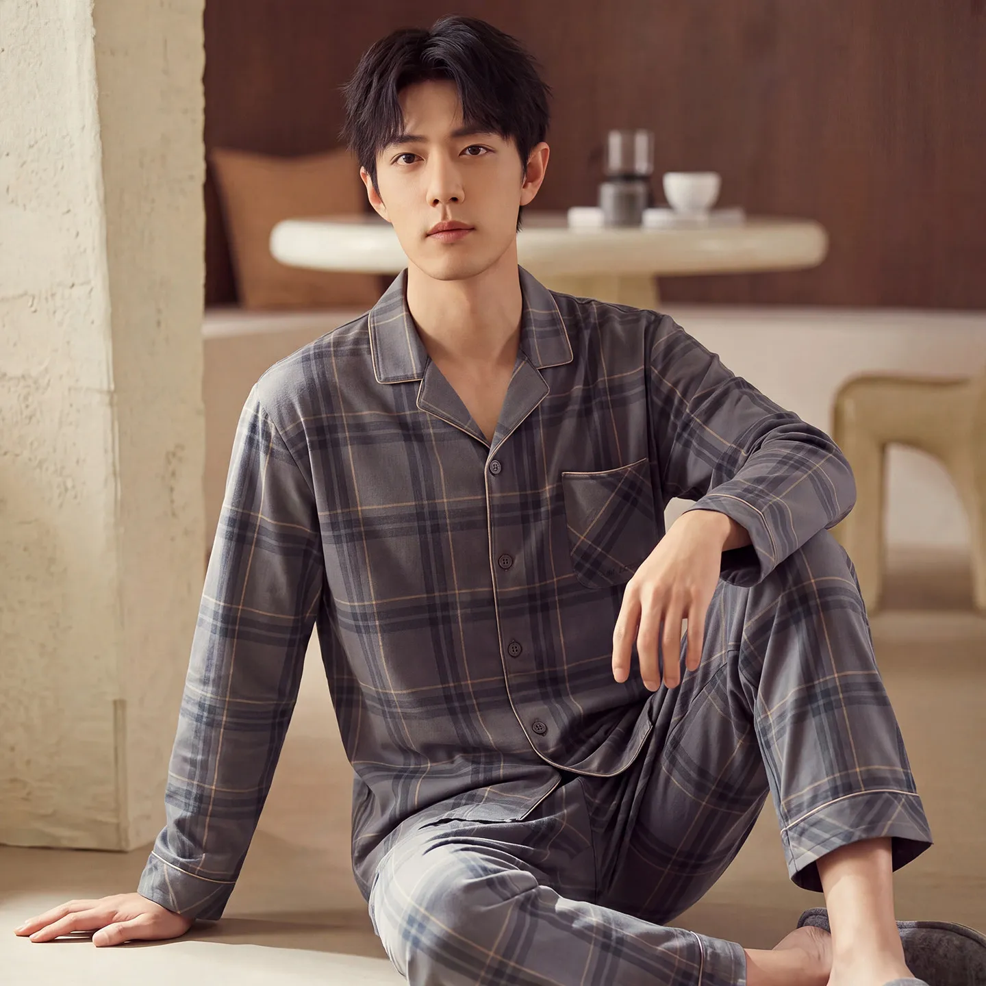 2026 Fall Men's Collared Pajama Long Sleeve Cardigan Plaid Loungewear for Men Teenagers  Casual Spring Sleepwear pyjamas Hombre