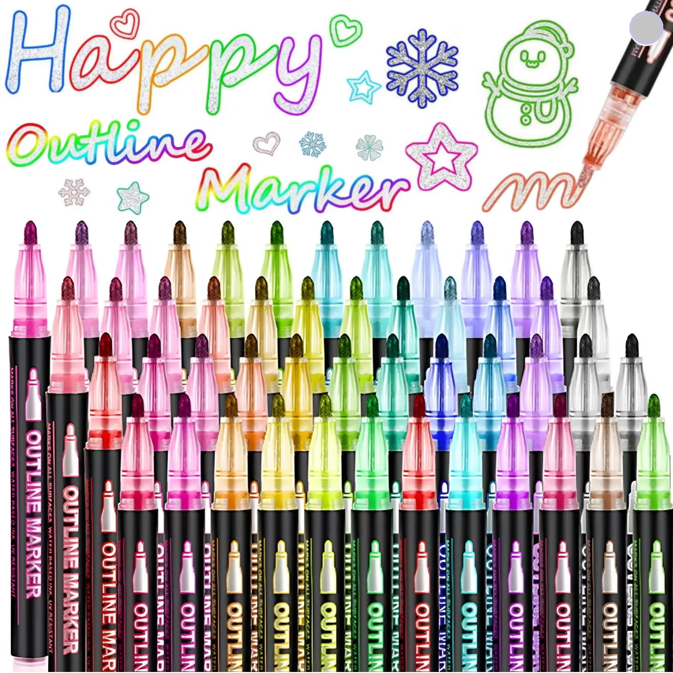 8/12/24/36/48/60pcs Double Line Outline Metallic Highlighter Marker Pens, Random Color Squiggles Double Line, Glitter Pens