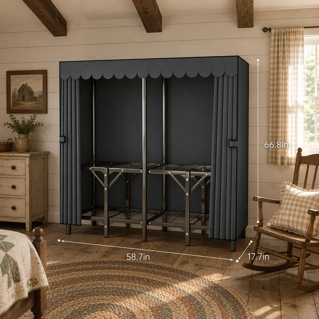 Heavy Duty Galvanized Steel Frame Wardrobe 150cm Foldable Gray Closet Organizer Non-woven Fabric for Dorm Rental Bedroom