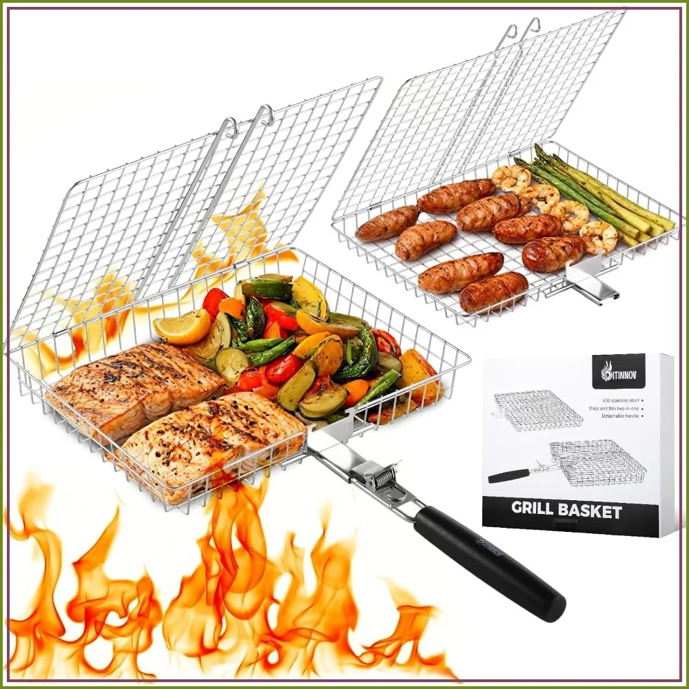 

Nesting Grill Baskets, 2pcs Grilling Baskets for Outdoor with Removable Handle, Stainless Steel BBQ Camping Cooking Accessories for Fish, Vegetable, Shrimp