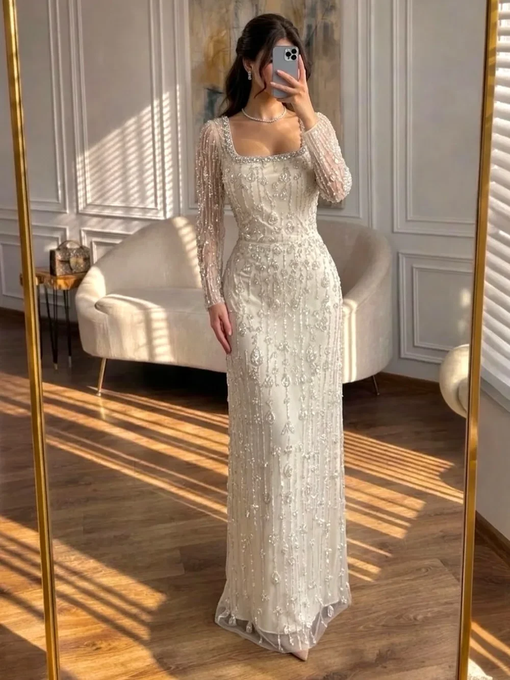 

AsaNagi Elegant European Straight Evening Dress Customized Champagne Tulle Floor Length with Sequins Robes De Soirée