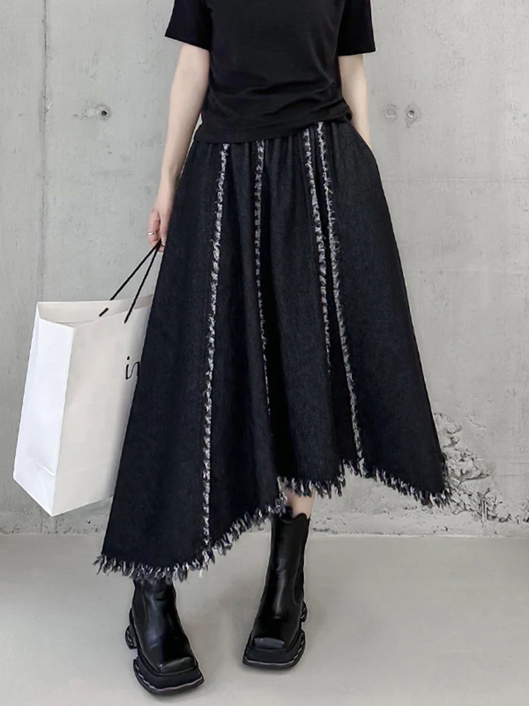 [EAM] High Elastic Waist Black Vintage Tassels Denim A-line Half-body Skirt Women Fashion Tide New Spring Autumn 2024 1DF6035