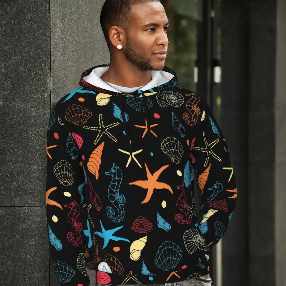 

Starfish Shells Casual Hoodies Modern Seahorse Hip Hop Velvet Hooded Shirt Winter Long Sleeve Loose Oversized Pullover Hoodie