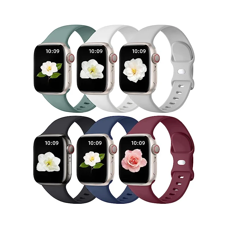 6 Pack Soft Silicone Waterproof Bands Strap Compatible with Apple Watch 38/40/41/42/44/45/49mm/iWatch Series Ultra 8/7/6/5/4/3/2