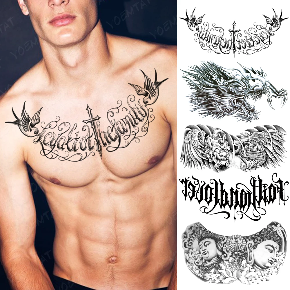 

Large Chest Tattoo For Men Gothic Cross Bird Waterproof Temporary Tatoo Sticker Clavicle Waist Back Art Designs Women Fake Tato