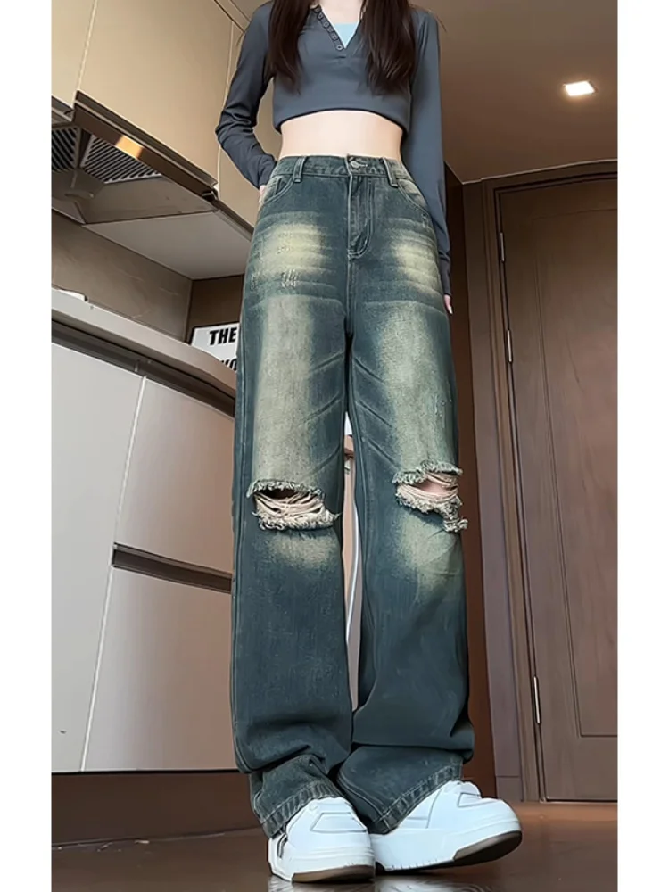 

Мужские винтажные джинсы Waed: прямые и широкие брюки с эффектом потертости, молодежный американский стиль, осенняя коллекция