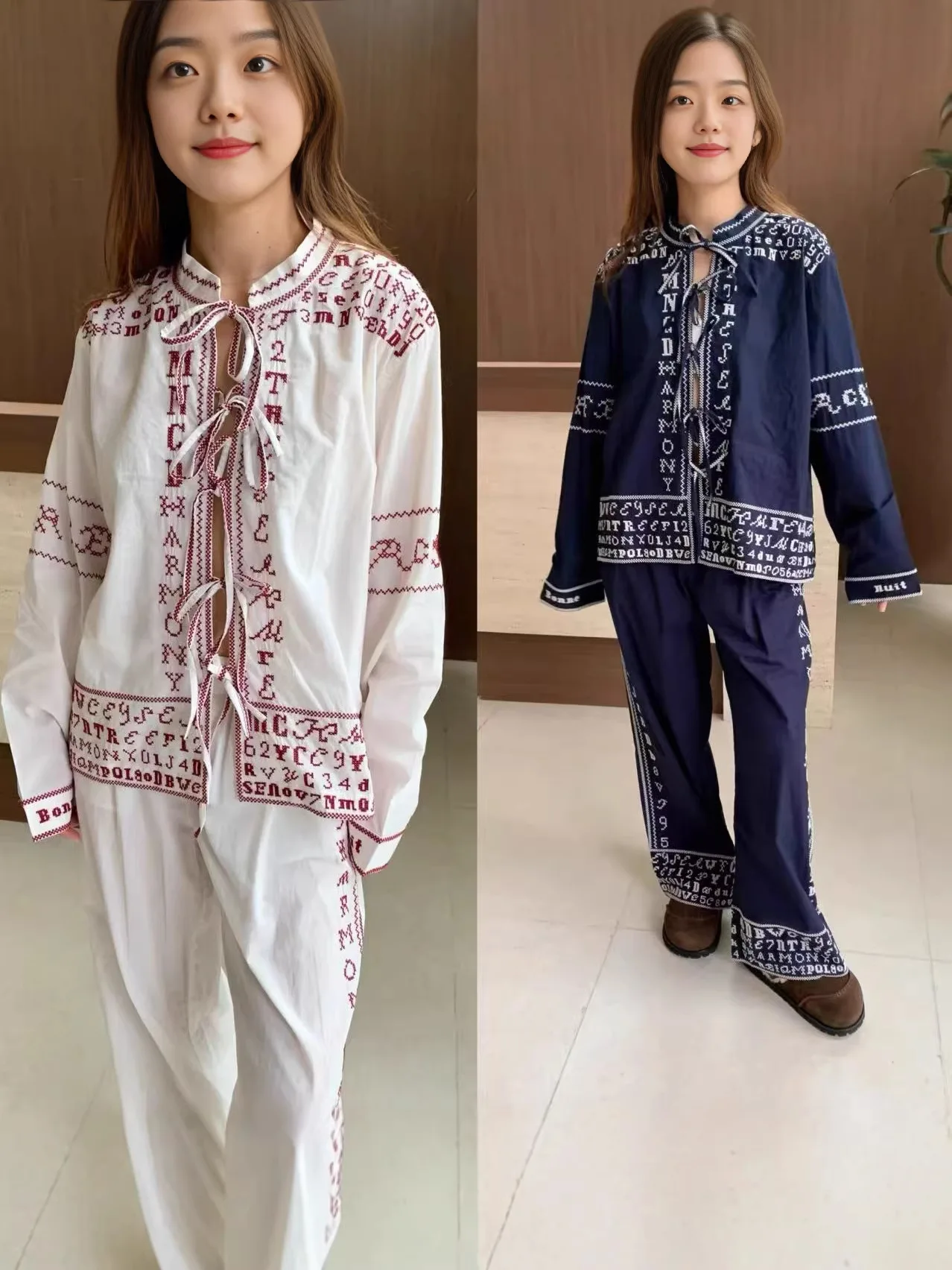 

Withered Retro Embroidered Shirt Letter Embroidered Round Neck Shirt Loose Lace Long Sleeve Top Blouses Women's Clothes