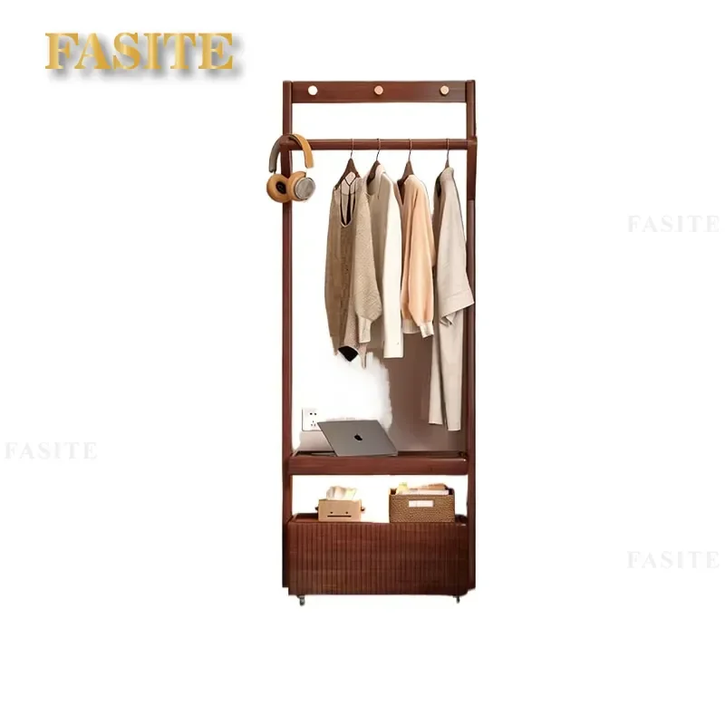 For Solid Wood Coat Rack Bedside Table Hanger Integrated Movable Floor Standing Clothes Rack for Bedroom Home Storage