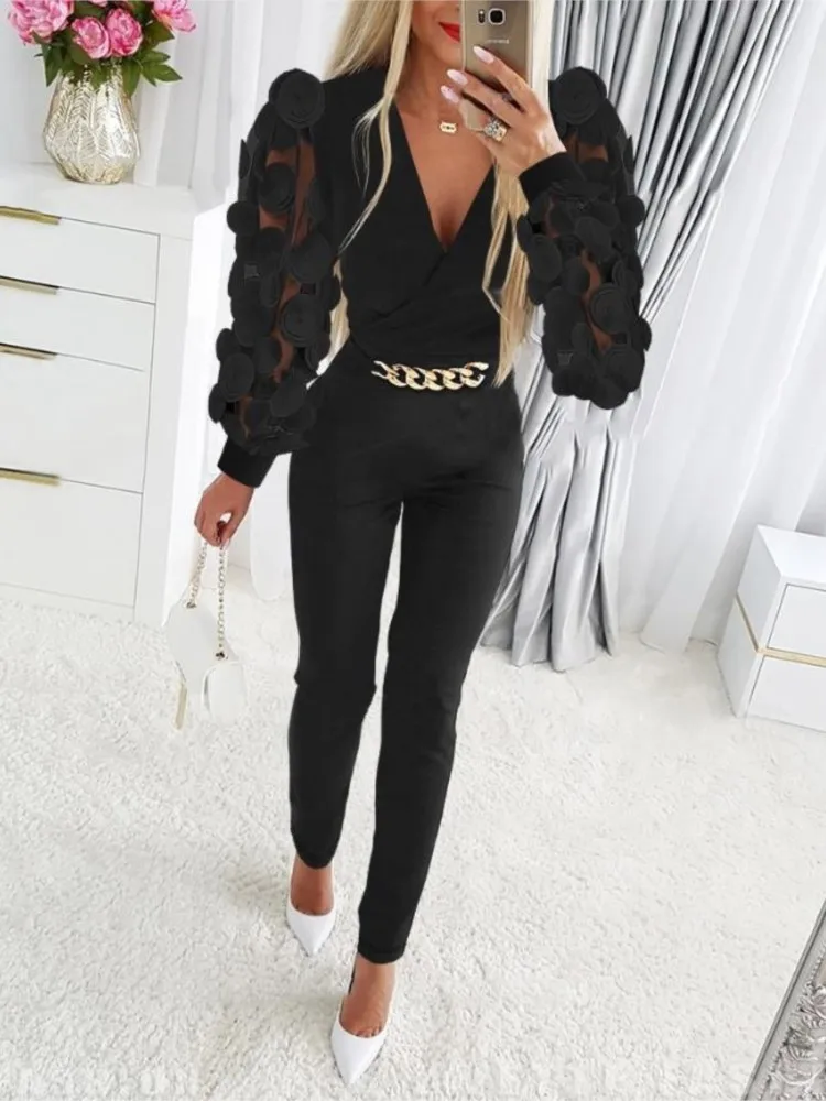 Jumpsuit Women\'s Spring Fashion Floral Sheer Lace Mesh Waist Chain Casual V-neck Long Sleeved Tight Daily Women\'s Long Jumpsuit