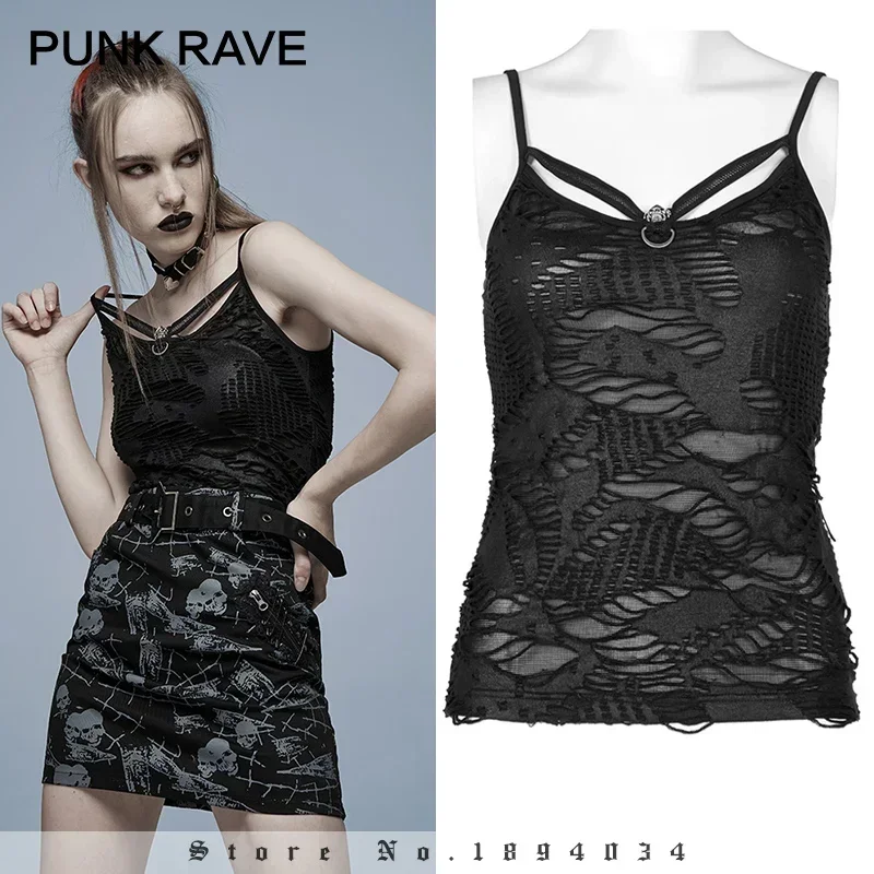 PUNK RAVE Women's Gothic Daily Fashion Sexy Knitted Camisoles Front Chest Is Decorated with Elastic Bands and Skull Tops