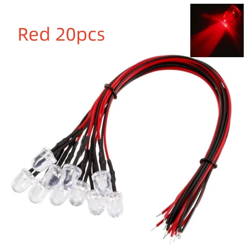 Kit de diodes LED 9V-12V 8mm, 20 pièces/50 pièces, blanc, rouge, vert, bleu, jaune, blanc chaud, indicateur électroluminescent diffusé précâblé