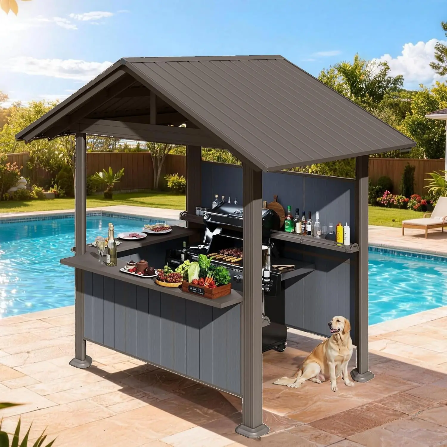 

！@9.4X6.2 FT Hardtop Grill Gazebo with Storage Shelves & Resin Shade System, Galvanized Steel Metal Hard Top Gazebo-Brown