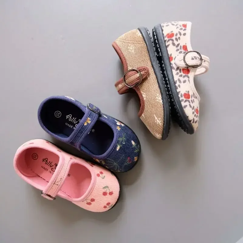 New Korean Version Corduroy Floral Canvas Shoes Girls Square Mouth Indoor Shoes Soft Soled Non-slip Baby Casual Shoes Zapatillas