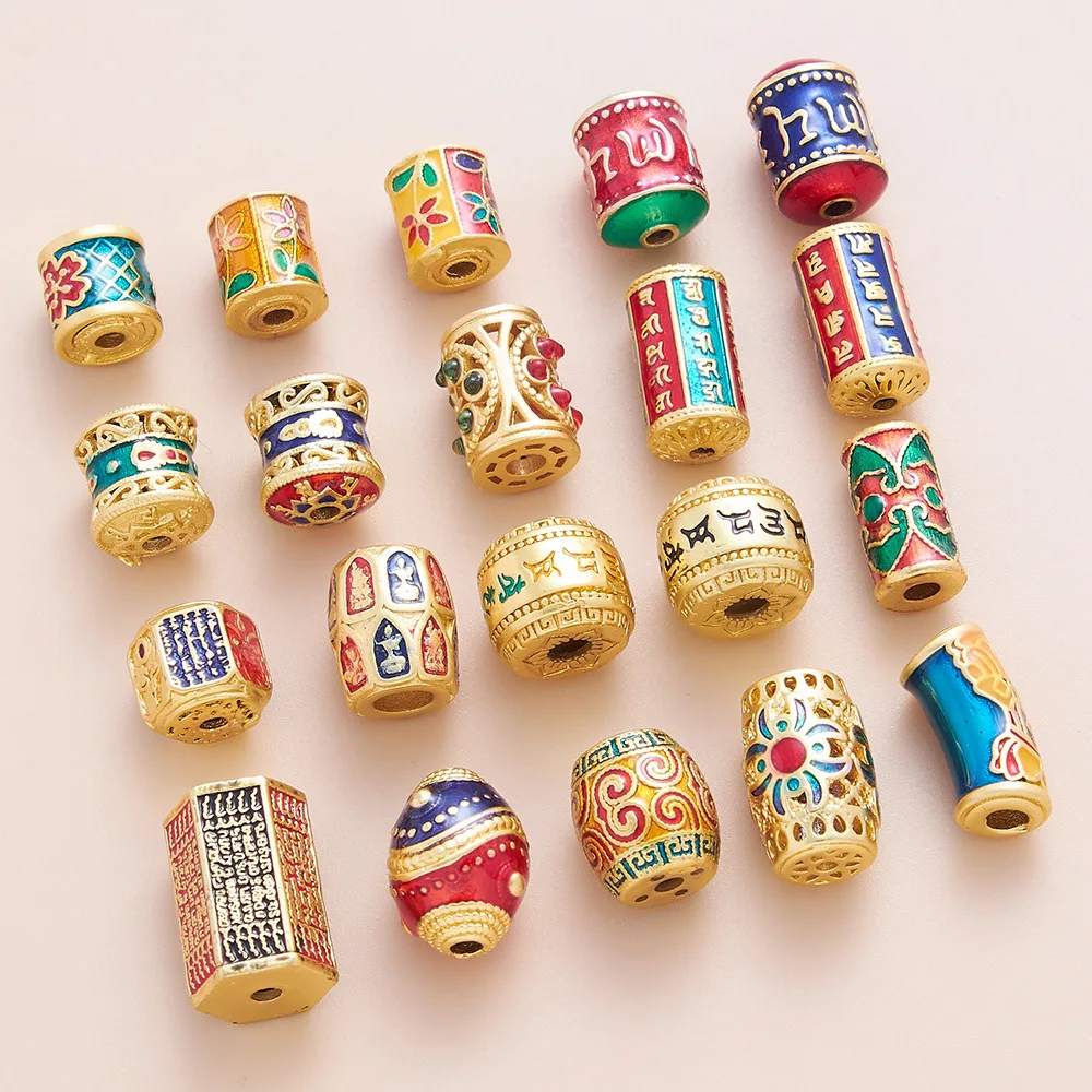 Chinese Feng Shui Lucky Blessing Copper Ancient Gold Plated Enamel Barrel Spacer Beads For Diy Jewelry Making Bracelet Necklace