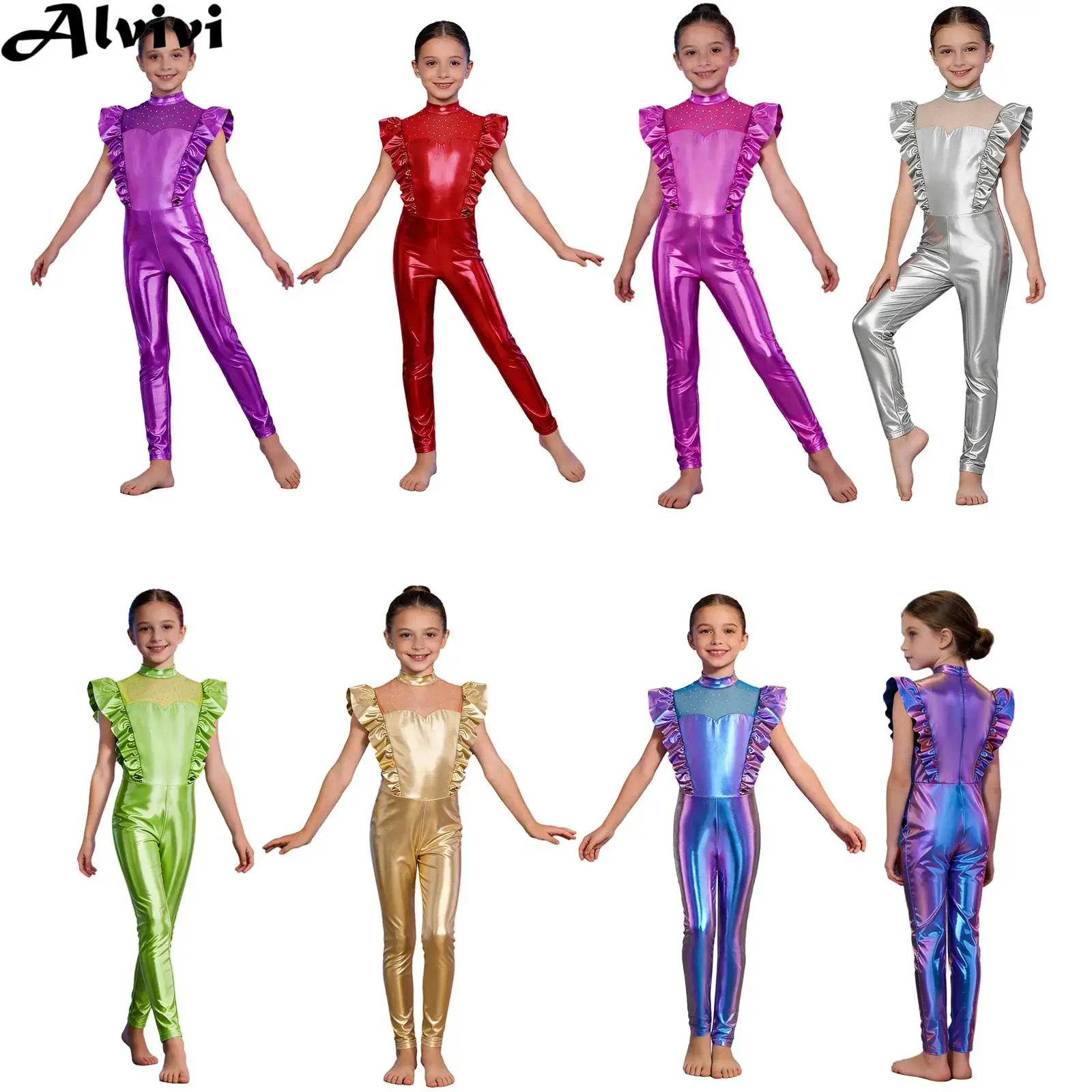Kids Girls Metallic Shiny Rhinestone Ballet Dance Gymnastics Acrobatics Skating Leotard Alien Robot Astronaut Dress Up Costume