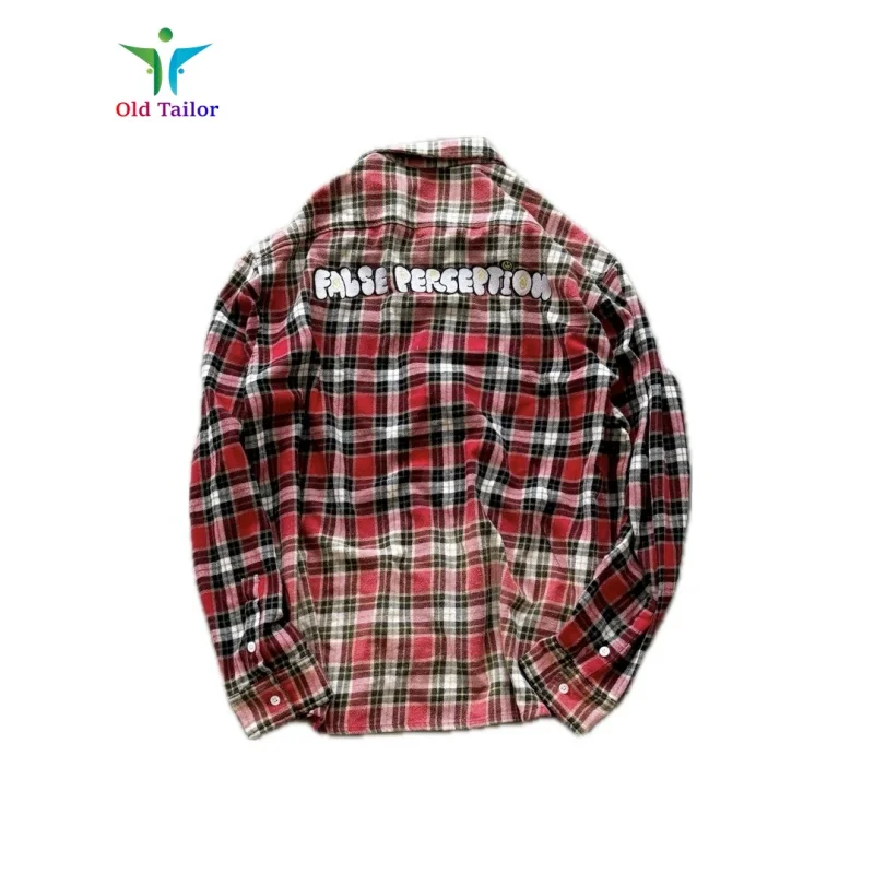 Red Plaid 25SSFalse Perception Embroidered Logo Four Seasons Long Sleeve Shirt Men's Women's Casual Loose Tops