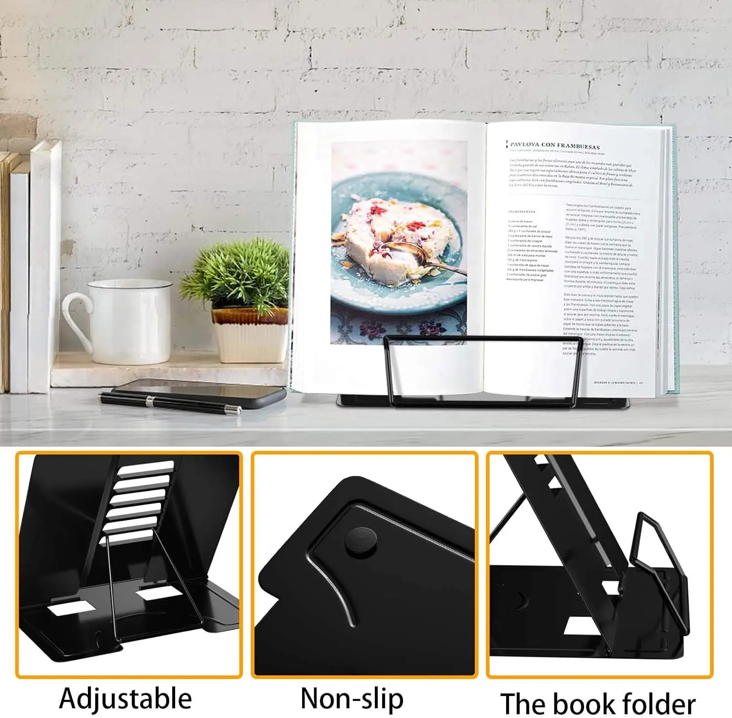 Imagem -04 - Dobrável Desk Book Stand Metal Reading Rest Cookbook Ajustável Documentos Titular Bookstands Portáteis para Books1005006698166327