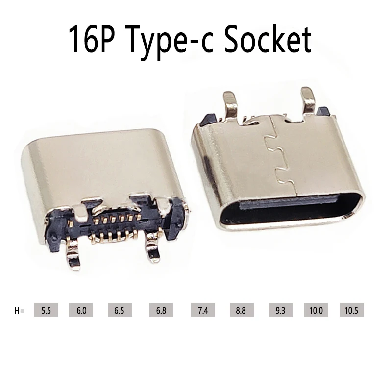 

2pcs USB TYPE-C16P Female Socket 180 Degree Vertical SMD DIP Board 5.5/6.5/6.8/7.4/8.8/10.0/10.5mm 16Pin USB C Type c Connector