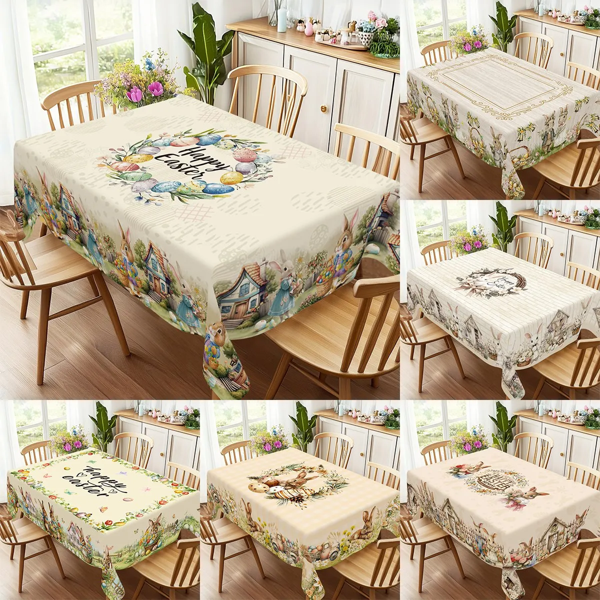 Mixed Style Easter Bunny Table Cloth for 6 Seater Egg Hunting Theme Rectangle Table Cover for Dinner Party Picnic Outdoor 180cm