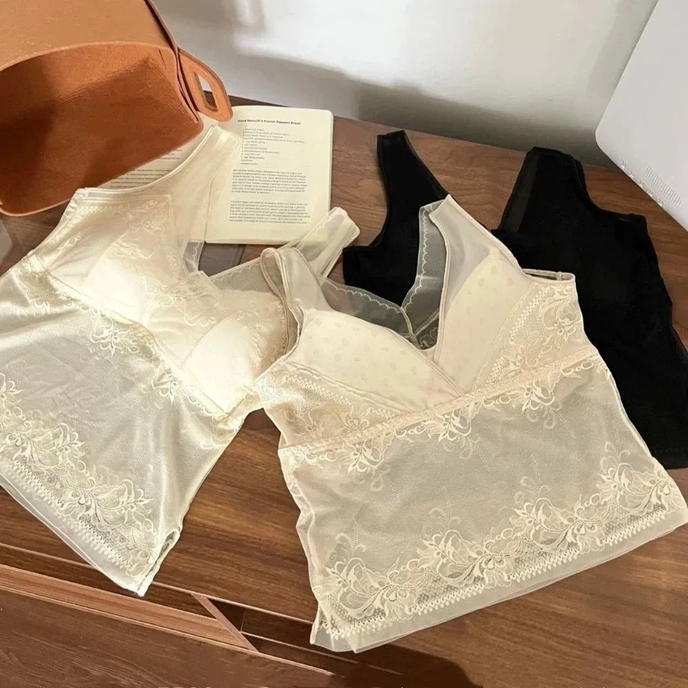 Fashion Mesh Flower Slim Lace Crop Top Bottoming Shirt Sweet Girl's Vest Top V Neck Transparent Vest Camisole with Pads Women