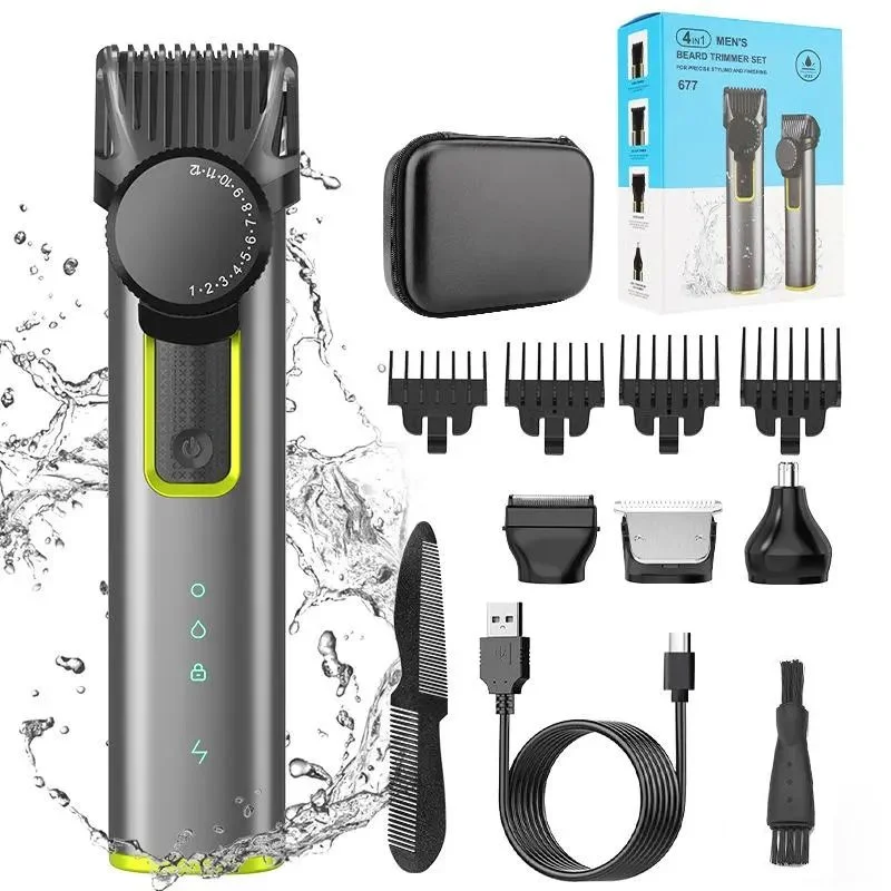 Household waterproof hair clipper set, portable 4-in-1 ear and nose hair trimmer, rechargeable razor, trimming tools