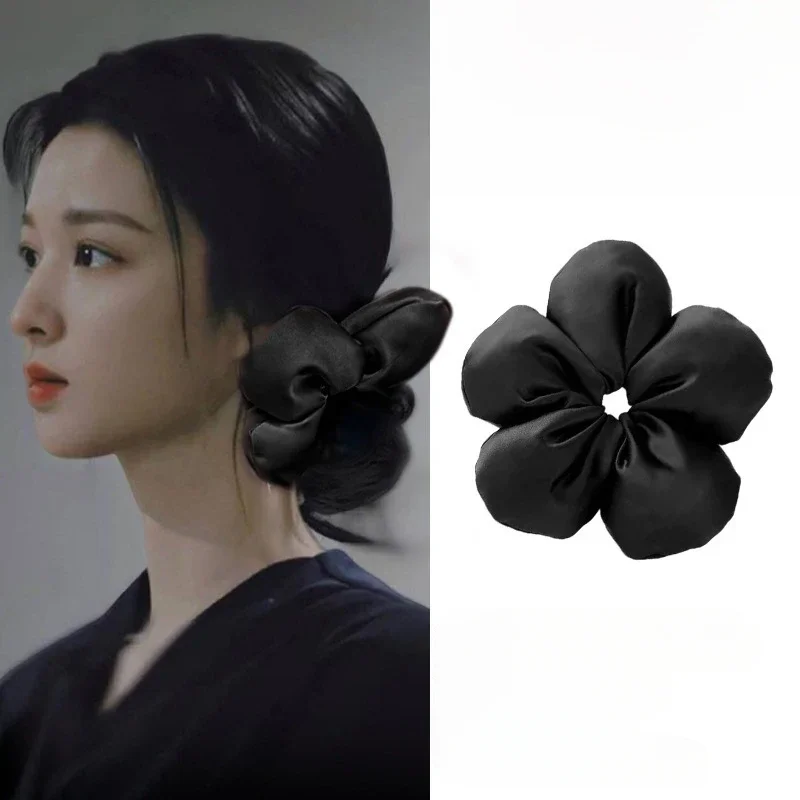 Korean Exaggerated Oversized Pink Black Flower Scrunchie Headdress Women Girls Trendy Design Elastic Hair Band Accessories