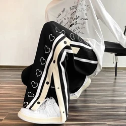 Black Hippie Pants Women Y2K Oversized Fashion Love Button Baggy Sweatpants Streetwear Straight Wide Leg Trousers Korean Style