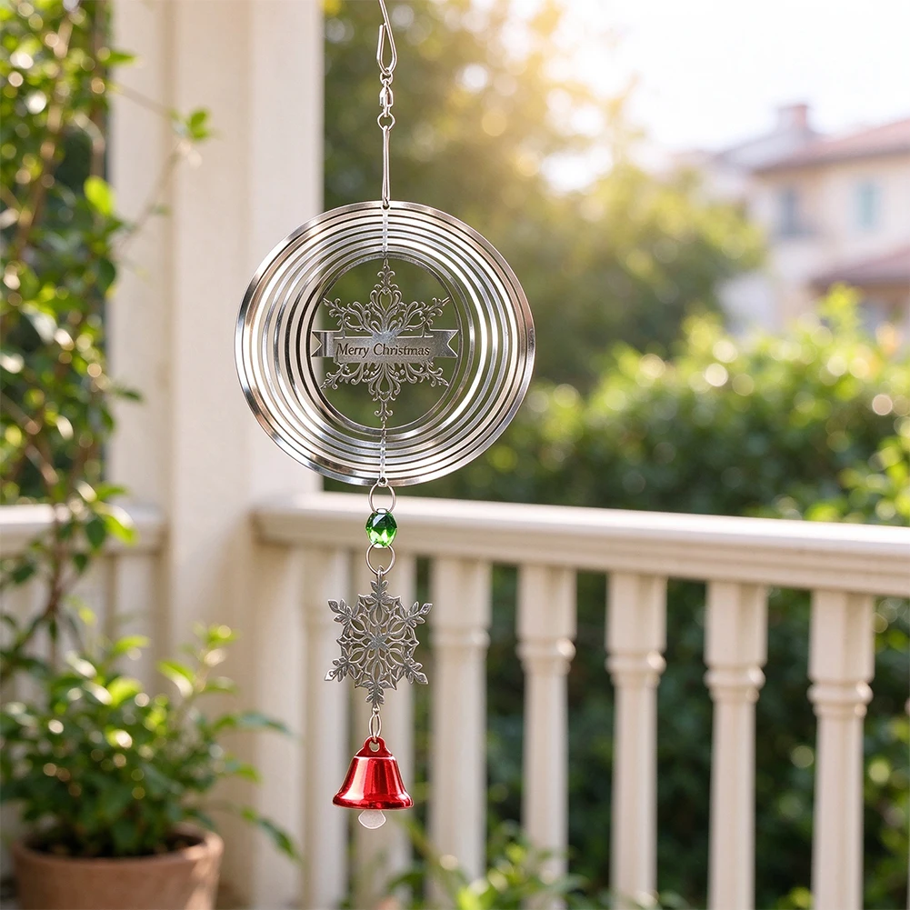 3D Stainless Steel Snowflake Wind Spinner Merry Christmas Bell Pendant Kinetic Yard Art Outdoor Garden Tree Hanging Decor
