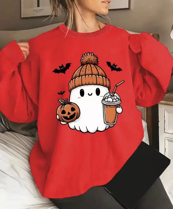 Plus Size Halloween Sweatshirt Women Cute Ghost Pumpkin Coffee Print Pullover Grey Casual O Neck Graphic Sweatshirts Winter Top