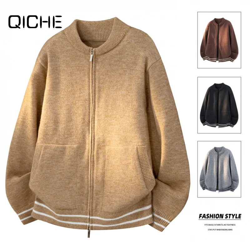 QICHE 2026 Winter Unisex Knit Cardigan, American Muted Tone Baseball Collar Color Block Stripe Loose Zip Outerwear For Couple