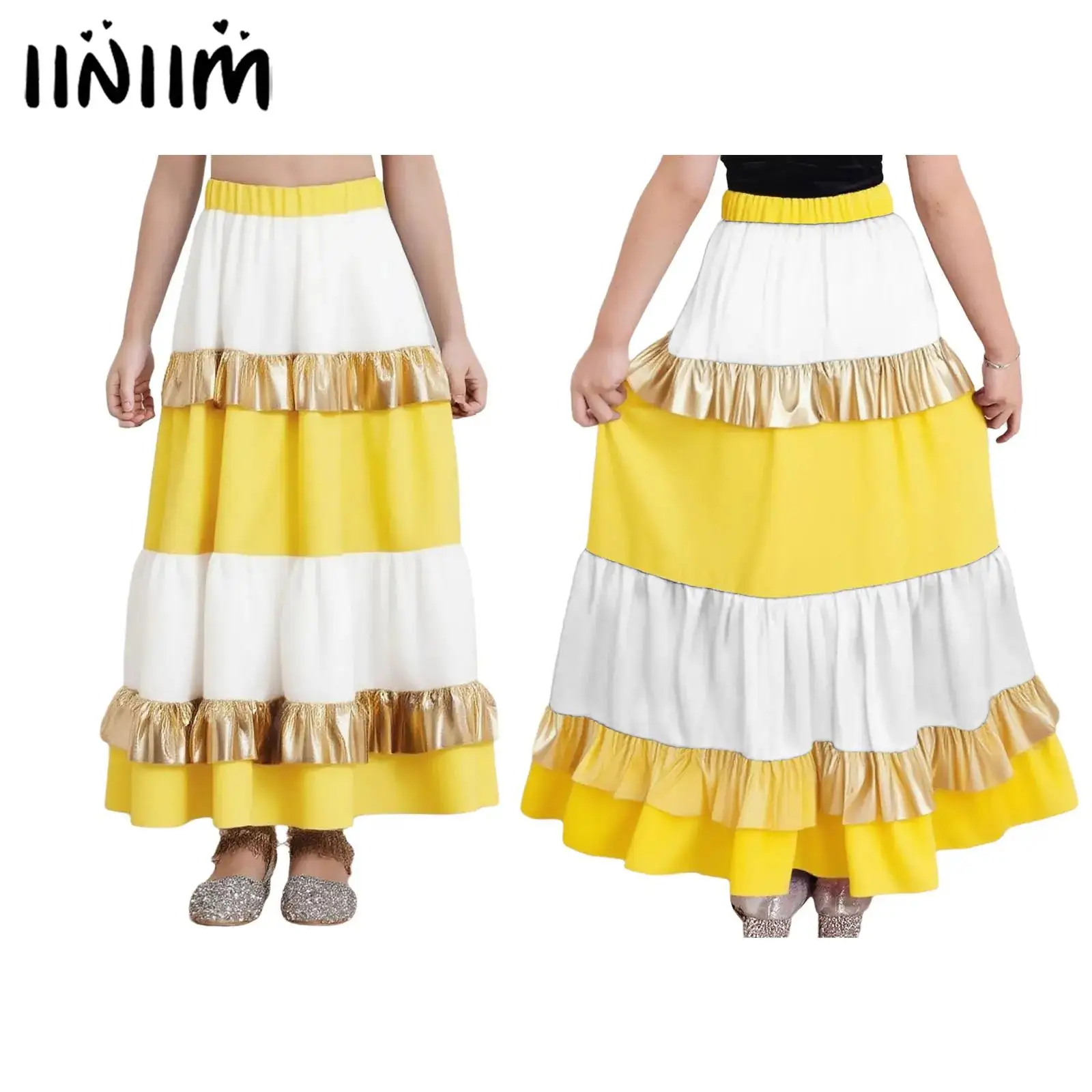 Traje de actuación de danza española Flamenco de vals para niñas, falda Maxi satinada con volantes escalonados, falda oscilante grande brillante metálica