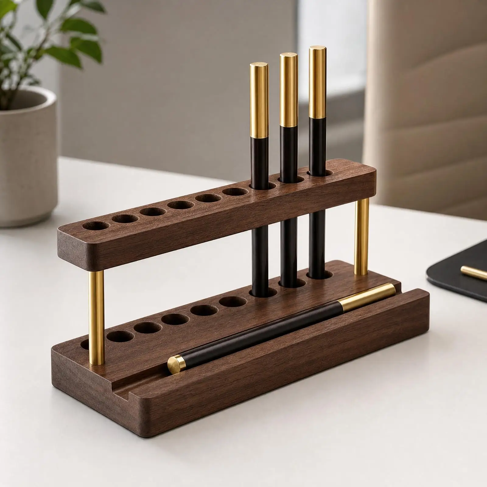 Walnut Pen Organizer with Phone Stand Compact Wood Desktop Organizer with Brass Supports Space-Saving